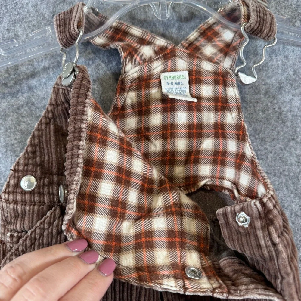 Vtg Gymboree Corduroy Overalls Boys 3-6 Months Plaid Lined Brown Western